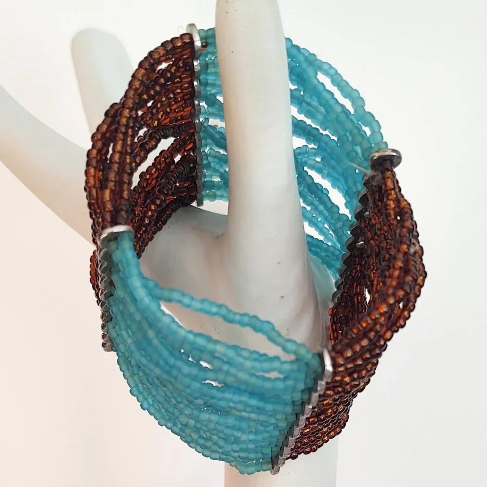 Blue and brown seed bead wide stretch bracelet